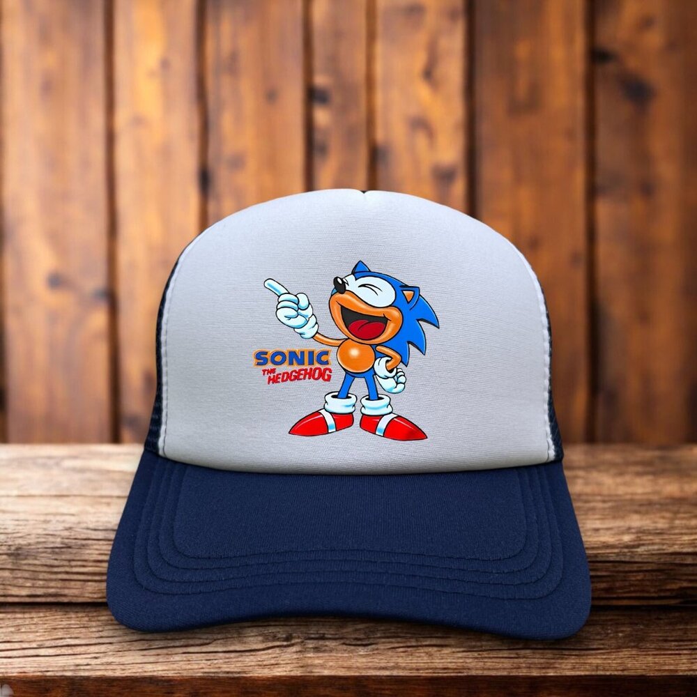 Sonic The Hedgehog Mens Trucker Hat Navy Snapback 90s Retro Video Game Cap